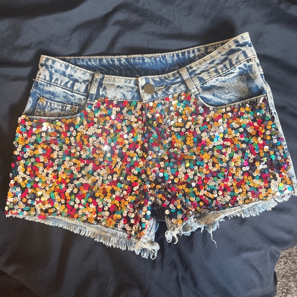 Pants - Sequin Denim Shorts